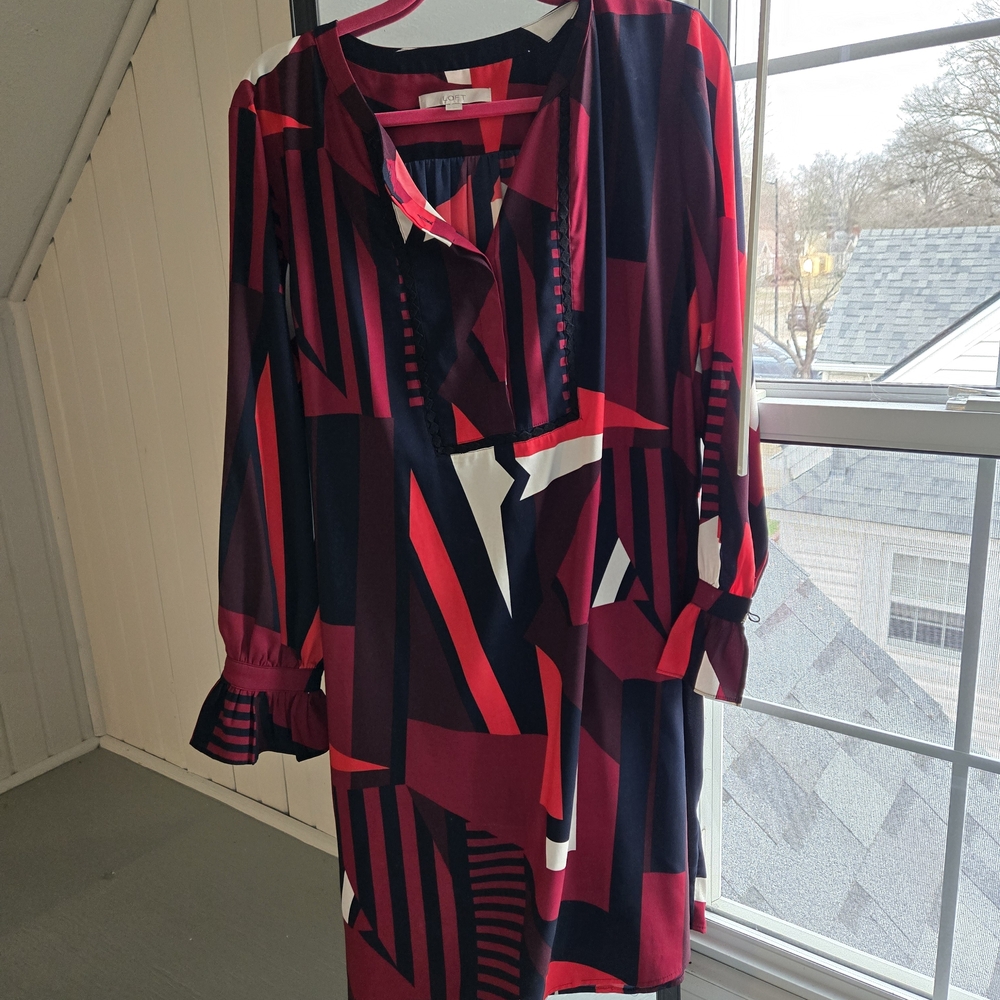 LOFT Red and Navy Geometric Patterned Dress XL